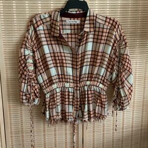 We The Free Ruched Checkered Blouse in Brown and Cream Size Medium